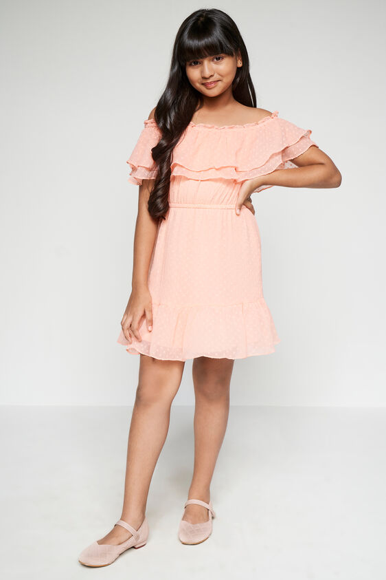 Peach Solid Flounce Dress, Peach, image 2